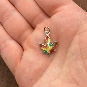 Vintage 925 Sterling Silver Guilloche Enamel Colorful Maple Leaf Pendant Charm